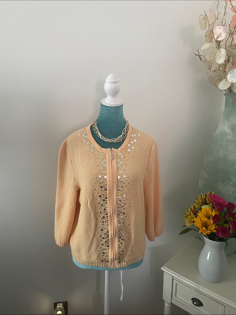 St. John Sport Peach Metal Stud  Zip Front Knit Cardigan